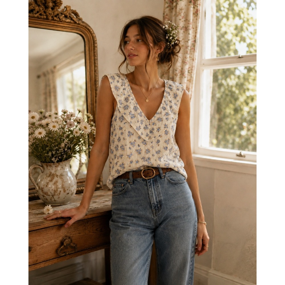 Sézane Floral Ruffle V Neck Blouse Size 36 US 4 Cottagecore Romantic